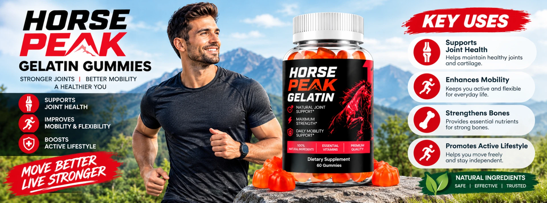 Horse Peak Gelatin Gummies — key uses: joint health, mobility, strong bones, active lifestyle